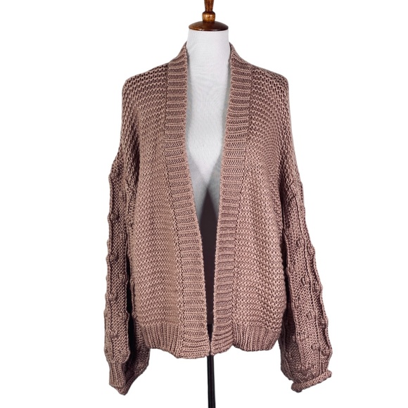 Peach Love Oversized Chunky Knit Open Front Bubble Sleeve Sweater Sz. L - Picture 1 of 12